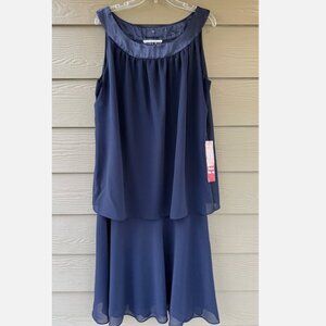 Dana Kay VTG Navy Blue Chiffon 2-Layered Ruffle Midi Shift Dress Size 16W